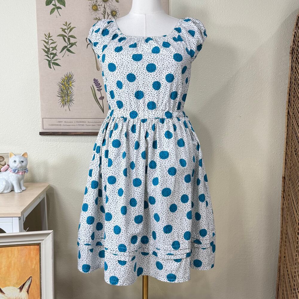 Vintage 60s 70s Blue Polka Dot Dress Retro Mod Twee Whimsitwee Whimsy Twee M